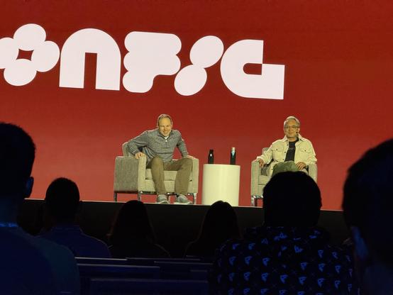 
Two guys sitting down on the Config stage for a chat. Left, Chris Lattner, who started the Swift project. Right, Sho Kuwamoto, Figma VP of product. 