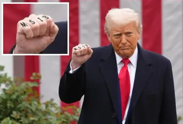 Donald Trump raising his fist and his fingers have MS13 tattooed on them.