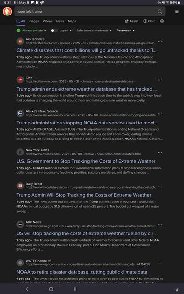Duck Duck Go search on May 8 2025 for NOAA Told Trump  (past week)