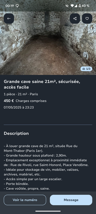 annonce leboncoin d'une grande cave aux murs de pierre dans le 1er arrondissement parisien. indiquée comme idéale pour stockage de vin, matériel, meublier et archives