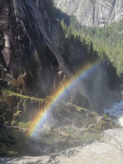 View overlooking the wet portion of the mist trail. It was so wet that there was a rainbow visible above many of the hikers below.