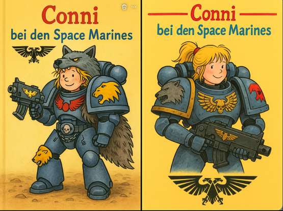 **TL;DR:** Conni is humorously portrayed as a Space Marine from Warhammer 40k, fully armored and armed in a parody children’s book cover.

**Extracted Text:**

1. "Conni bei den Space Marines"
2. "Conni bei den Space Marines"

**Image Description:**
This meme features two spoof covers styled like “Conni” children's books, placing Conni in the Warhammer 40,000 universe. She wears bulky Space Marine power armor with symbols of the Imperium, including the Aquila and wolf pelts, representing factions like the Space Wolves and Ultramarines. She holds large bolter guns and smiles innocently, contrasting the grimdark setting with playful charm. The mix of childlike innocence and militaristic sci-fi lore creates a comical juxtaposition.
