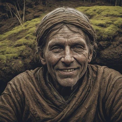 Model: OpenArt SDXL
(psychedelic colors, graphic novel book illustration), hard vector, thick line, ultra-detailed) peacefully smiling ancient Tollund Man at sleeping in a peat bog in denmark