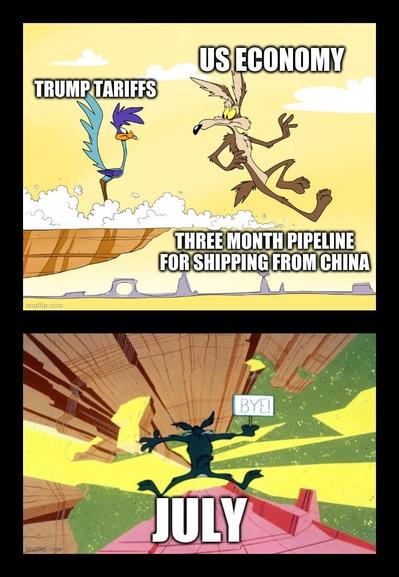 two panel meme; 1) Wile E. Coyote (labeled US ECONOMY) running off a cliff, supported only by a dust cloud (labeled THREE MONTH PIPELINE FOR SHIPPING FROM CHINA), Roadrunner (labeled TRUMP TARIFFS) mocking him; 2) Wile E. Coyote plummeting to his doom (labeled JULY)