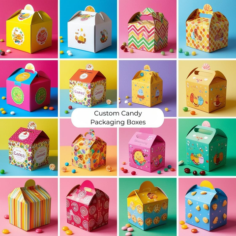 "A colorful display of custom candy packaging boxes in various shapes and sizes, featuring vibrant designs, branding elements, and eco-friendly materials. The boxes are filled with assorted candies, showcasing eye-catching packaging for retail presentation."


