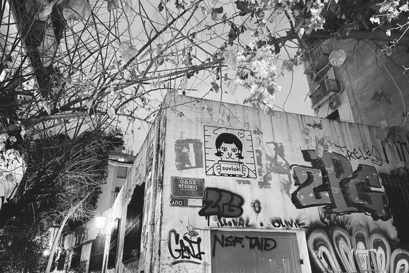 Street art paste-up featuring a tiger depicted in a mugshot, with bold lines and expressive details. The artwork is placed on a wall in an urban Athens street, blending raw, rebellious energy with the city’s gritty backdrop.
