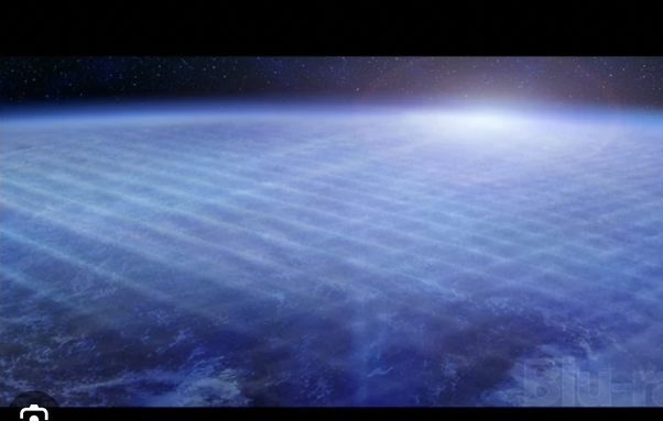 view of earth from space, white lines criss cross it - representing the shield in Highlander 2