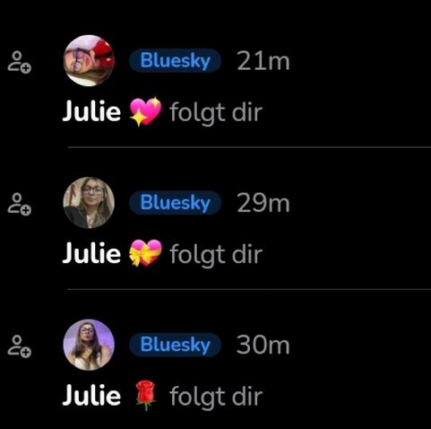Screenshot von Openvibes.
3x Julie folgt dir
Auf bluesky 
Verschiedene Profilbilder der selben Person.