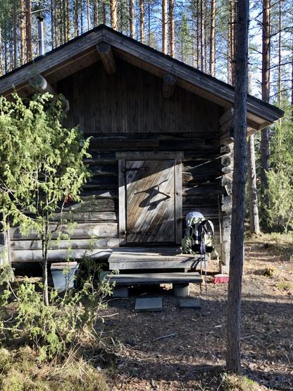 A backpack is on the stairs of a wooden log hut in a pine forest.