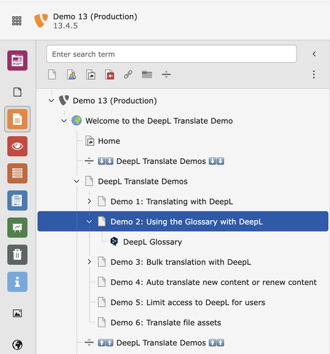 Screenshot snippet of the TYPO3 backend, showing DeepL demo pages.