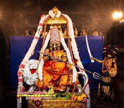 Idol of Hindu deity Krishna dressed in shiny red-toned yellow silk saree seated on a silver lion, holding a trident, wearing a stone-studded crown and gold shoes. A small gold umbrella over Krishna's head. White flower garlands streaming down: one from the umbrella; another from the crown. Blue cloth background.

To Krishna's left is stands a demon dressed in black, wearing a black turban with red and white stripes. The demon holds a sword in his raised right hand and shield in left hand.

The pointed end of Krishna's trident points to, almost touching, the demon to indicate the demon being slayed.