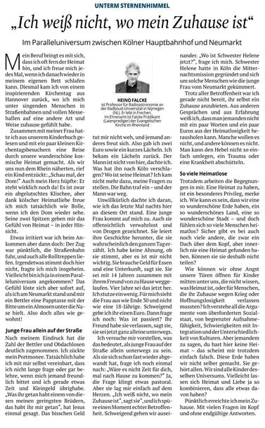 An article featuring a personal reflection on the concept of home, discussing experiences with homelessness and encounters with individuals in public spaces. The piece highlights the author's feelings of disorientation and connection to various places, alongside observations of societal issues related to homelessness.