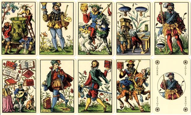Cards from the Book of Trades deck by Jost Amman, 1588 (woodcut on pasteboard)
Playing cards