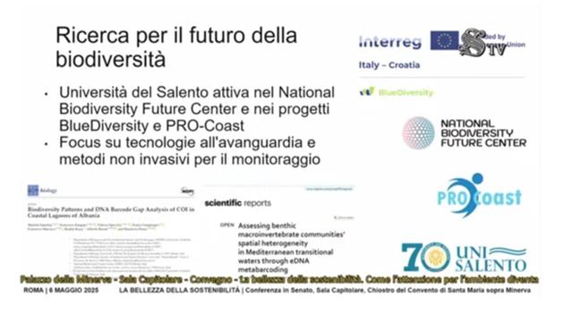 Ricerca per il futuro della Interreg mE
biodiversita aly - Croatia
- Universita del Salento attiva nel National ~~ vw «ooo
Biodiversity Future Center e nei progetti
BlueDiversity e PRO-Coast @ os LL BEE
- Focus su tecnologie all'avanguardia e 7% FUTURE CENTER
metodi non invasivi per il monitoraggio
r— roast
spatial heterogeneity
in Mediterranean transitional UN|—~=
messbecodg 70 SALENTO
Prion deal bites - Sain opines - Corre - Un bulla dlls acesnil. Coma Prezurdons par Publius dares
ROMA | § MAGGIO 2023 LA BELLEZZA DELLA SOSTENIBILITA | Conferenza in Senato. Sala Capitolare. Chiostro del Convento di Santa Maria sopra Minerva
