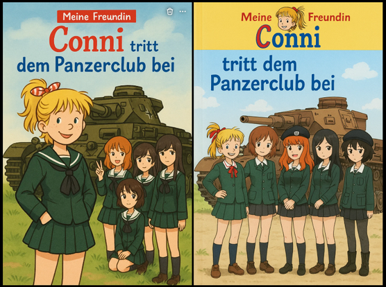 **TL;DR:** Parody of *Girls und Panzer* using "Conni" in Ōarai uniforms with the Panzer IV Ausf. D and the original tank crew; mimics a German children’s book style.

**Extracted Text:**

* *Meine Freundin*
* *Conni tritt dem Panzerclub bei*

**Image Description:**
The image shows two parody covers of a children's book titled *"Meine Freundin Conni tritt dem Panzerclub bei"* (“My Friend Conni joins the Tank Club”), spoofing *Girls und Panzer*. Both covers feature Conni in the green school uniform of Ōarai Girls' Academy, standing with the anime’s original Panzer IV Ausf. D tank and crew members, including Miho, Saori, Hana, Yukari, and Mako. The left side mimics a simpler book art style, while the right leans into detailed anime aesthetics. The background includes the Panzer IV Ausf. D tank prominently.
