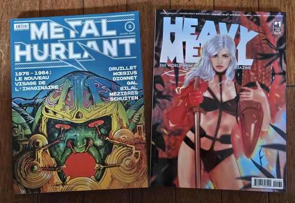 The two legendary science-fiction magazines born in the seventies, side-to-side. On the left is the Winter 2022 issue, number 2 since the relaunch of the magazine in 2021, with cover art by Philippe Druillet (1975). On the right is the relaunch issue, number 1 [legacy #321] of Heavy Metal, with cover art "Taarna" by Tula Lotay, published in May 2025. Métal Hurlant began publication in january 1975. Heavy Metal originated as the US edition of Métal Hurlant in April 1977, before quickly becoming independent.