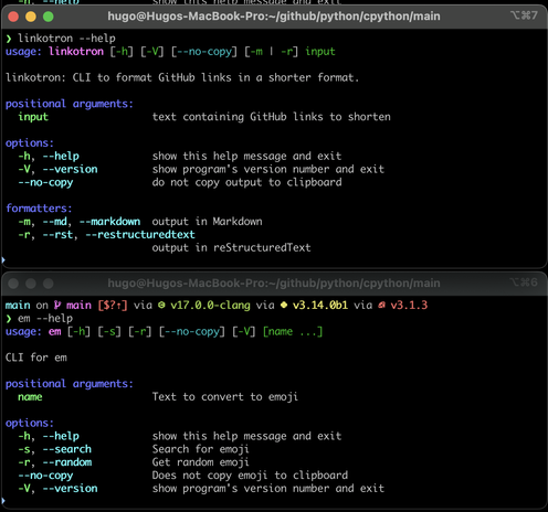 Colour output of `linkotron --help` and `em --help`.