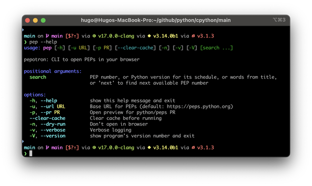 Colour output of `pep --help`.