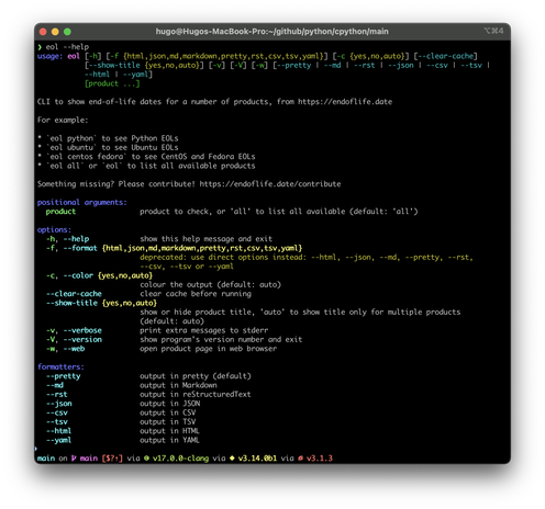 Colour output of `eol --help`.