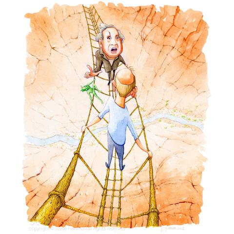 My watercolor painting titled “Confrontation Observed” reveals two men facing each other on a rickety rope bridge above a deep gorge while a small green figurine witnesses the encounter.