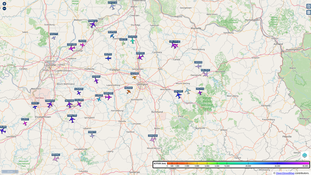 My current ADS-B view of the skies over central Kentucky, showing 30+ aircraft...