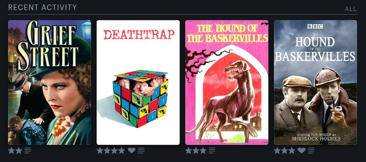 Covers and ratings of my #lastfourwatched movies on letterboxd.com.  Grief Street (1931) two stars, Deathtrap (1982) four stars, The Hound of the Baskervilles (1972) three stars, and The Hound of the Baskervilles (1982) three stars.  