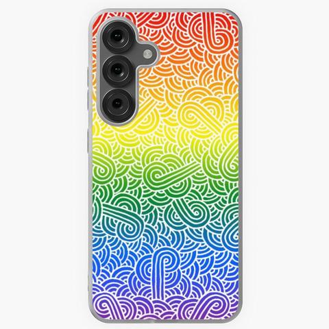 Coque pour smartphone aux couleurs arc-en-ciel du drapeau LGBTQ+ recouvert de volutes blanches.