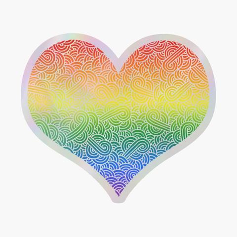 Sticker holographique en forme de coeur aux couleurs arc-en-ciel du drapeau LGBTQ+ 