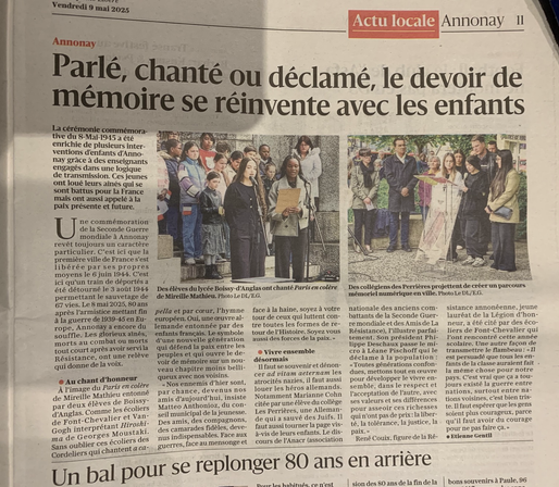 Article du Dauphiné Libéré 9/5/25 sur les cérémonies du 8/5 à Annonay