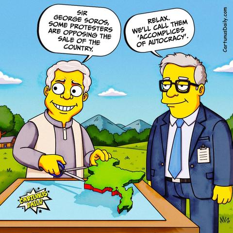 "Sir George Soros, some protesters are opposing the sale of the country." – Chief Advisor Dr. Muhammad Yunus

"Relax. We’ll call them 'accomplices of autocracy'." – Yunus’s boss, George Soros

All these years, we just heard about ‘selling the country,’ but now this guy is literally doing it!

#CartunusDaily #Bangladesh #Bangladeshi #politicalcartoons #BangladeshCrisis #freedomofspeech #DrYunus #dryunusgovt #YunusRegime #yunusgovernment #dryunusagainstjournalists
#কার্টুনুসডেইলি