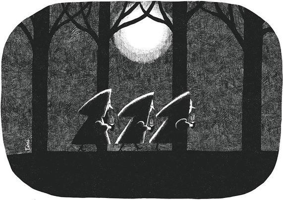 three witches carrying a pot of coffee.