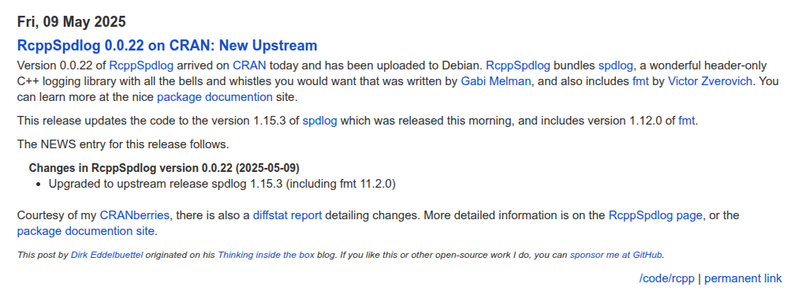 Screenshot of blog post at https://dirk.eddelbuettel.com/blog/2025/05/09#rcppspdlog_0.0.22 describing release 0.0.22 of CRAN package RcppSpdlog