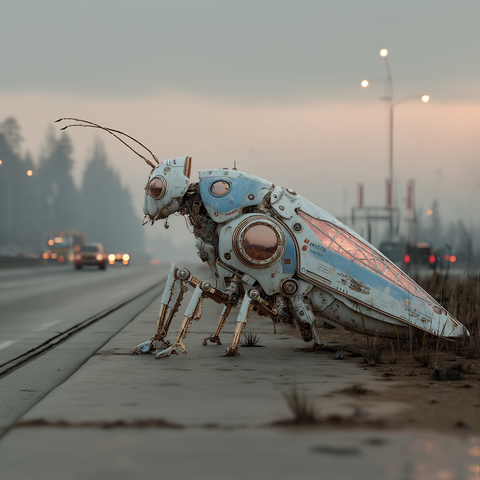 Midjourney Prompt: A sleeping organic-mechanical hybrid robot resembling a giant metallic mantis, resting peacefully beside a sunlit highway, intricate mechanical parts, morning dew on metal, translucent solar panels as wings, photorealistic, hyper-detailed, volumetric lighting, golden hour, cinematic composition, Greg Rutkowski, Simon Stalenhag style --stylize 750 --v 7