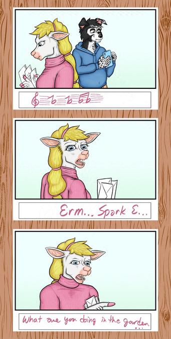 Three panels of a storyboard superimposed over a woodgrain pattern.  Image one of seven.
An anthropomorphic ewe strolls past an anthropomorphic border collie.  She is carrying envelopes and humming a tune.  He is scrolling on his phone.
The ewe turns to him and says, "Um, Sparky. What are you doing in the garden...?"
