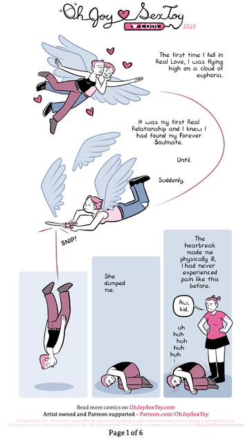 The comic starts with a younger Erika and her first girlfriend soaring through the air together with large angel wings on their backs. Young Erika is caressing her girlfriend’s face as her girlfriend embraces her from behind.      Erika narrates, “The first time I fell in Real Love, I was flying high on a cloud of euphoria. It was my first Real Relationship and I knew I had found my Forever Soulmate.”      “Until.”      “Suddenly.”      With a serene expression, Erika’s first girlfriend snips off Young Erika’s wings with a pair of shears.      The next frame shows Young Erika right before she hits the ground, frozen in shock and disbelief.      “She dumped me.”      In anguish, Young Erika curls up into a ball on the floor.      “The heartbreak made me physically ill, I had never experienced pain like this before.”      Our current Erika steps into the frame to stand next to her past self, who has started crying alone. Erika puts her hands on her hips and looks at Young Erika with an understanding expression. “Aw, kid,” she says.
