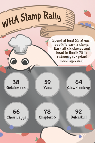 Witch Hat Atelier Stamp Rally details. Spend at least $5 at each booth to earn a stamp. Earn all six stamps and head to booth 78 to redeem your prize! (while supplies last)