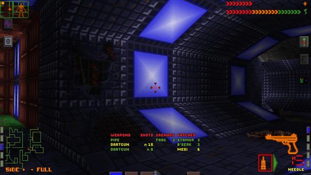 A screenshot from System Shock showing some corridor lighting panels. The panels are a blue - white.