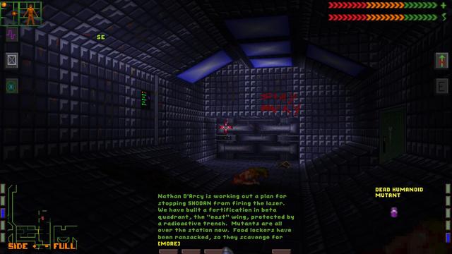 A screenshot from the old computer game System Shock. The view is of a corridor with a very pixelated look. There's a monster corpse on the floor and "Stay Away" written in red on the far wall.