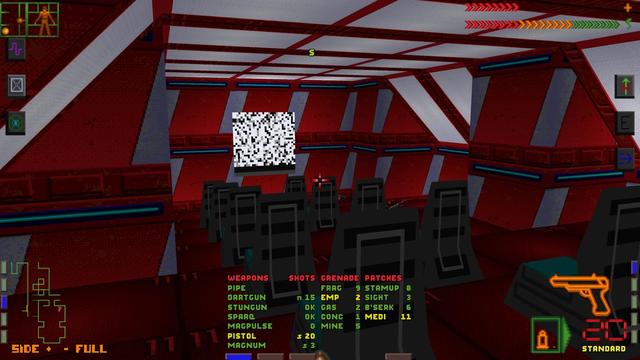 This screenshot from System Shock is of a room that looks like an auditorium. There are seats facing a screen mounted on the far wall. The screen is showing distortion. The walls of the room have a red and white design.