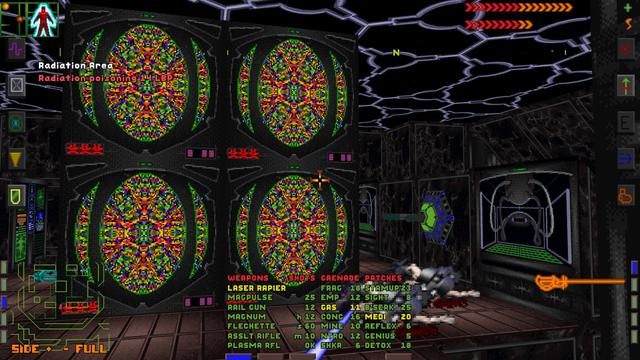 A final screenshot from System Shock of a computer room with four large screens mounted on top of each other. They're showing a pixelated multi coloured pattern on them.