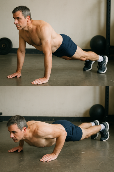 AI-generated image of a middle-aged man in two poses demonstrating push-up form, with a scratched floor, blurry background, and gym clutter