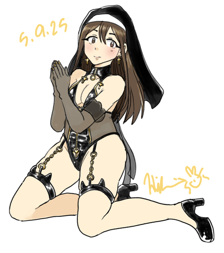 dark brown hair (long) woman wearing a nun coif, black bustier with garters and black heels. She is kneeling with her palms pressed together as in prayer. She has long black translucent gloves