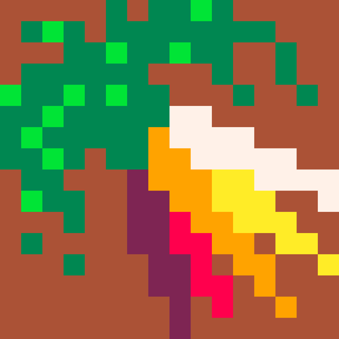 Low-res pixel art of a bundle of carrots with the greens still attached. Each carrot is a different color. The carrots are white, yellow, orange, red, and purple in color.