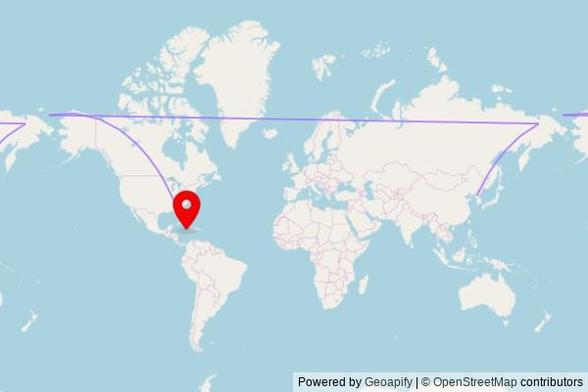 A map showing the great circle route from P'yŏngyang in North Korea to a map pin at Universal Church, 22 Union Street, Montego Bay, Jamaica