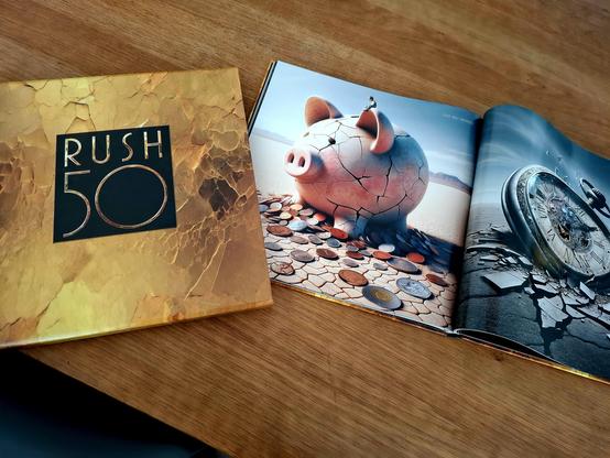 Slip case and a shot of two pages of the Rush 50 book. One page shows a cracked piggy bank (song: The Big Money) and the next page a giant watch (song: Time Stand Still)