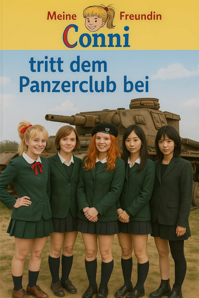 TL;DR: A parody cover blending Meine Freundin Conni with Girls und Panzer, showing Conni joining a tank club with anime-style schoolgirls.

Text on image:
"Meine Freundin Conni tritt dem Panzerclub bei"

Description:
This image is a parody book cover styled like a children's book from the Meine Freundin Conni series. It shows a live-action version of Conni (a blonde girl with a red ribbon) and four other schoolgirls in green uniforms standing in front of a World War II-era tank. One girl (with red hair and a black beret) appears to lead them. The scene mimics the anime Girls und Panzer, where schoolgirls operate tanks as a sport. The background is a clear sky, and the girls are posed confidently, evoking a mix of innocence and military theme for comedic contrast.