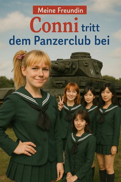 **TL;DR:** Another parody of *Meine Freundin Conni* meets *Girls und Panzer*, with Conni joining a tank club dressed in anime-style school uniforms.

**Text on image:**
"Meine Freundin Conni tritt dem Panzerclub bei"

**Description:**
This image is a spoof book cover showing a real-life version of Conni, the German children's character, posing confidently in front of a tank with five other girls dressed in green sailor-style school uniforms. Conni is front-left with a red checkered ribbon in her blonde ponytail. One girl behind her flashes a peace sign, evoking anime tropes. The tank in the background and the serious-but-cute group echo the tone of *Girls und Panzer*, a Japanese anime where schoolgirls drive tanks. The image is styled to humorously merge a wholesome children's series with military anime themes.
