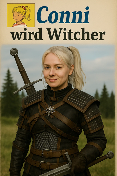 **TL;DR:** A realistic parody showing Conni from children's books as a live-action Witcher in Geralt-style armor.

**Text on image:** "Conni wird Witcher"

**Description:** This image is a realistic photo-style parody of the German children's book character Conni reimagined as a Witcher. She appears as a smiling young woman with platinum-blonde hair in a ponytail, dressed in detailed black and brown leather armor with metal studs and a wolf medallion—mimicking Geralt from *The Witcher* series. She carries two swords, one strapped to her back and the other in hand. The background features a calm outdoor forest scene. The image uses the classic Conni logo in the top left, maintaining the parody theme: "Conni becomes a Witcher."
