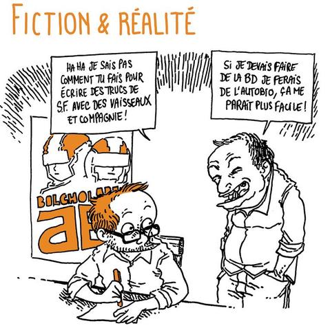 Boulet est à une table de dédicaces, devant un poster de "Bolchoi Arena" (L'événement SF du siècle). Arrive un type qui le regarde dessiner.
Le type: "Haha je sais pas comment tu fais pour écrire des trucs de SF avec des vaisseaux et compagnie ! Si je devais faire de la BD je ferais de l'autobio, ça me parait plus facile !"