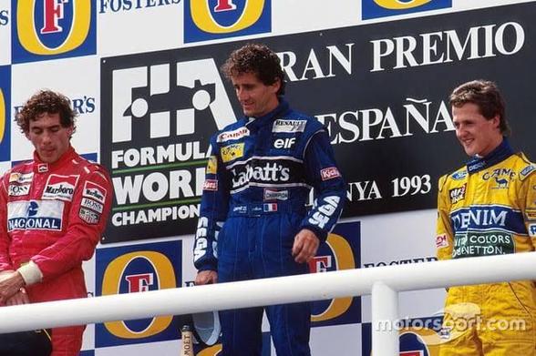 Alain Prost, Ayrton Senna, and Michael Schumacher sharing the podium at the Spanish Grand Prix in Montmeló, Catalunya.